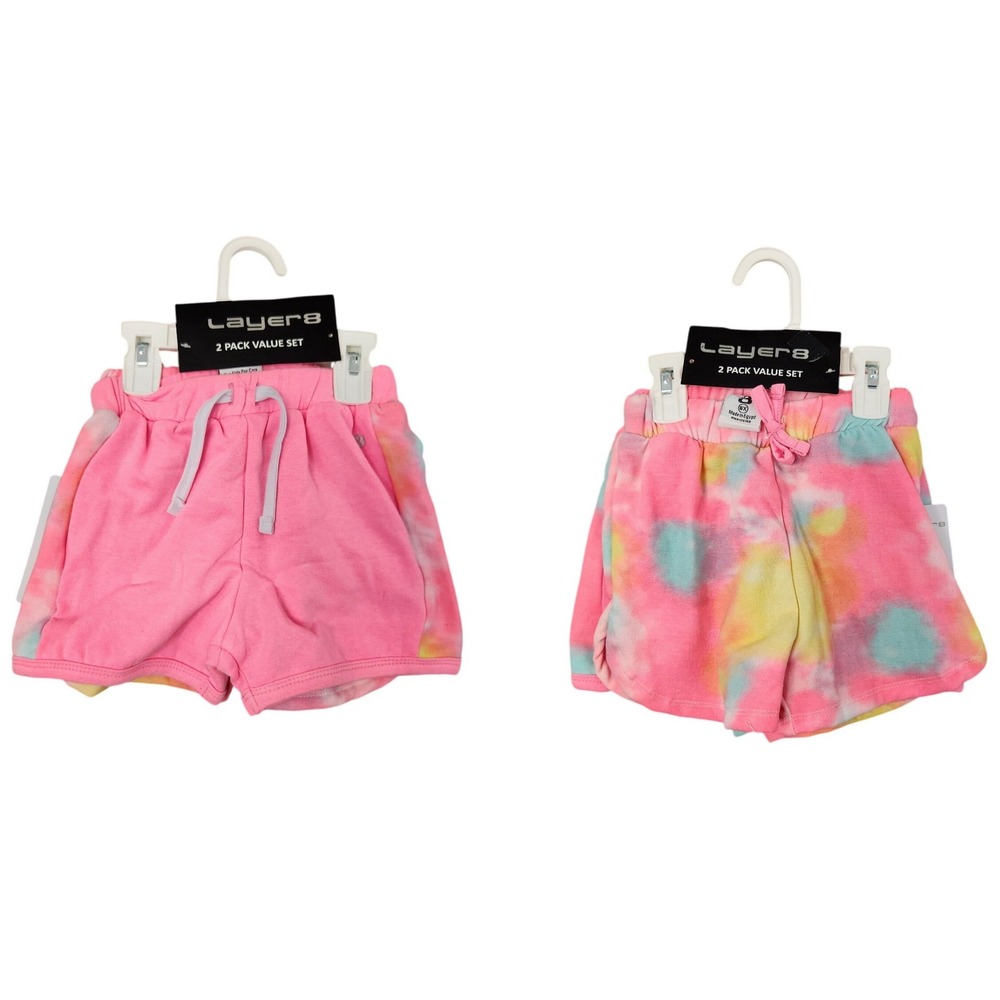 Layer 8 Shorts Girls 6X Neon Pink Tie Dye 2 Pack Set L8G6091 Fleece Drawstring